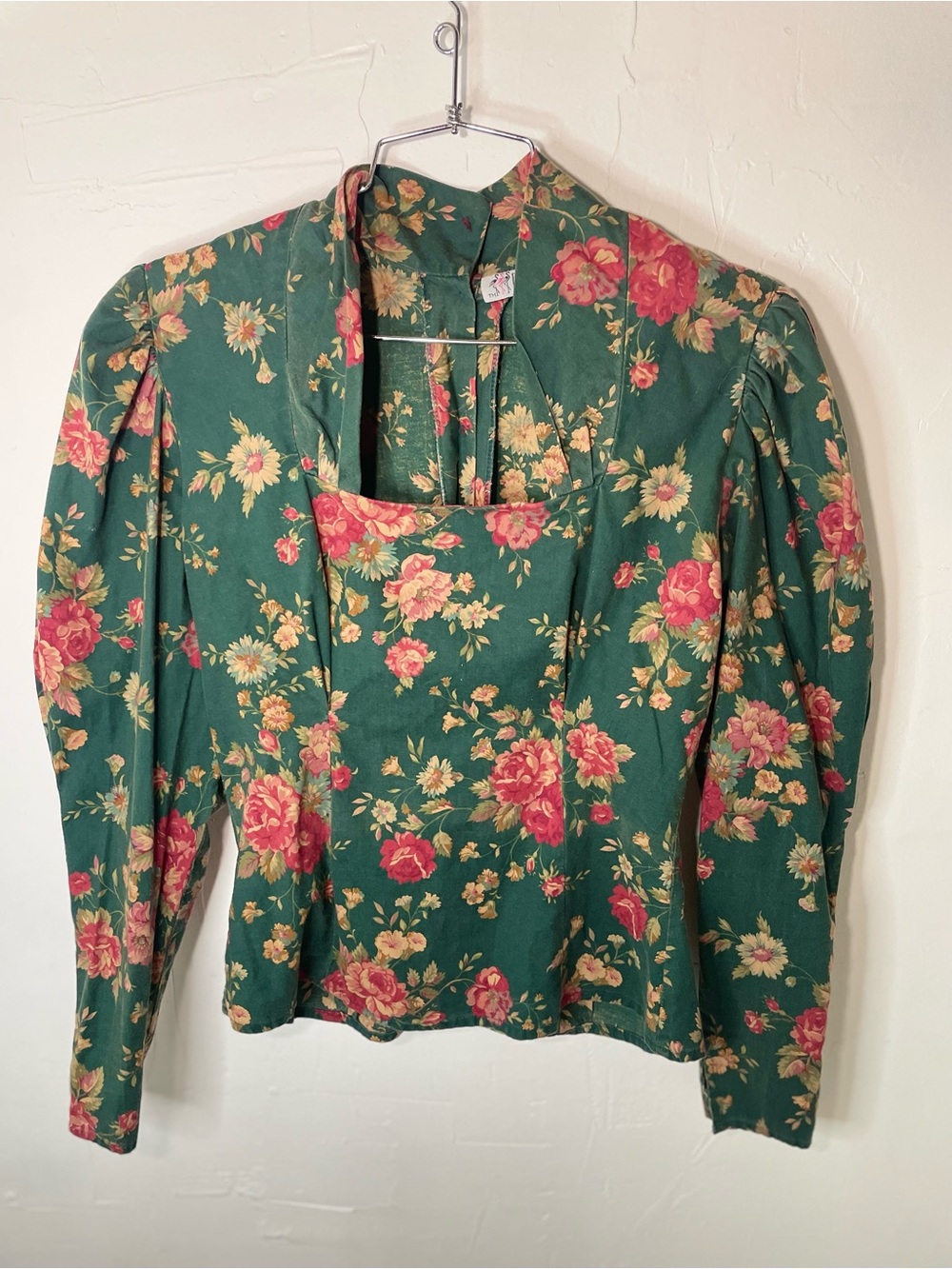 Vintage 90s Green Floral Puff Sleeve Blouse | Victorian Style Button Up Top